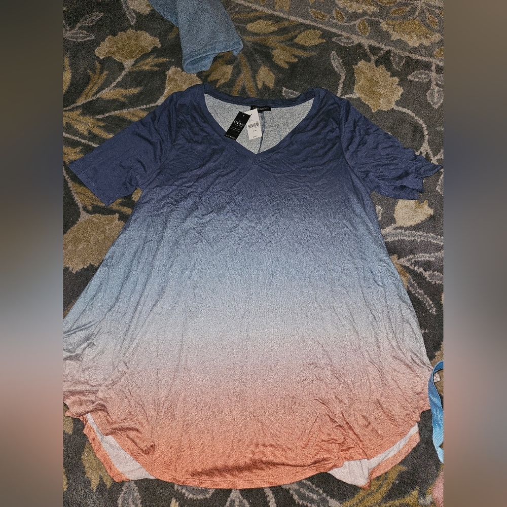 Lane Bryant Asymmetrical Blue and Pink 3/4 Sleeve T-Shirt